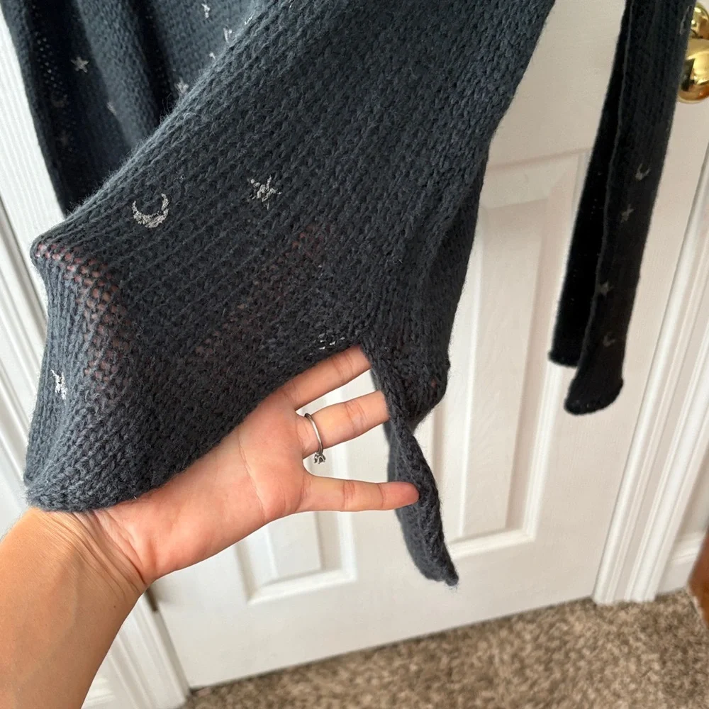 Wooden Ships Stars and Moon Lightweight Knit Wool Sweater Navy Blue S/M - Picture 8 of 9